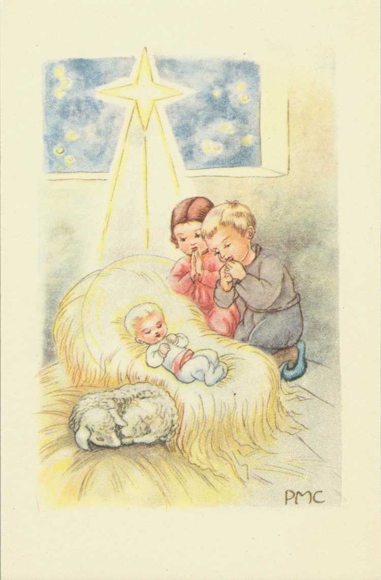 Kerstkaart met Christuskind in kribbe met twee knielende kinderen